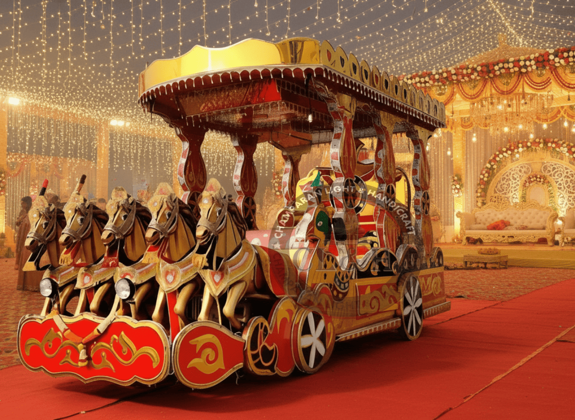 Sheesha jeep rath with mirror work and decorative lighting for Indian wedding procession.